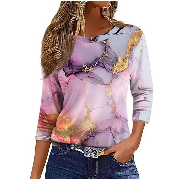 CYMMPU Business Work Blouses Fashion Tunic Tops Vintage Summer Fall Floral Printed 3/4 Length Sleeve Basic Tees Crewneck Shirts 2025 Clothes for Women Pink M