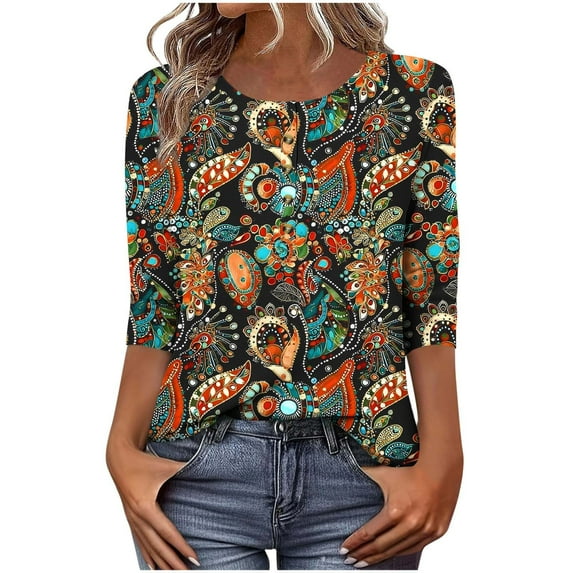 CYMMPU Business Work Blouses Plus Size Tunic Tops Basic Tees Floral Printed 3/4 Length Sleeve Shirts Summer Fall Vintage Button up Scoop Neck 2025 Clothes for Women Brown XL