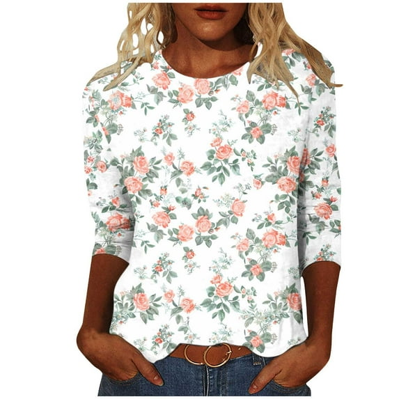 CYMMPU Business Work Blouses Plus Size Tunic Tops Summer Fall Crewneck Floral Printed 3/4 Length Sleeve Vintage Shirts Basic Tees 2025 Clothes for Women Multicolor XXL