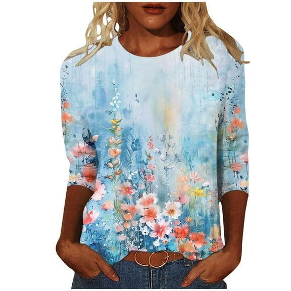 CYMMPU Business Work Blouses Plus Size Tunic Tops Summer Fall Vintage Basic Tees Crewneck Shirts Floral Printed 3/4 Length Sleeve 2025 Clothes for Women Multicolor XL