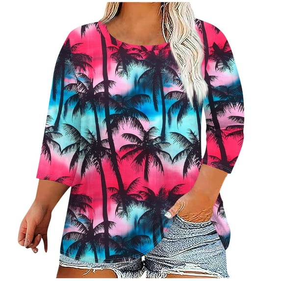 CYMMPU Business Work Blouses Plus Size Tunic Tops Vintage Crewneck Summer Fall Floral Printed 3/4 Length Sleeve Shirts Basic Tees 2025 Clothes for Women Purple XXXXL