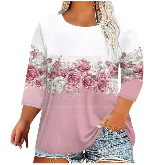 CYMMPU Business Work Blouses Plus Size Tunic Tops Vintage Floral Printed 3/4 Length Sleeve Shirts Crewneck Basic Tees Summer Fall 2025 Clothes for Women Pink XXXXL