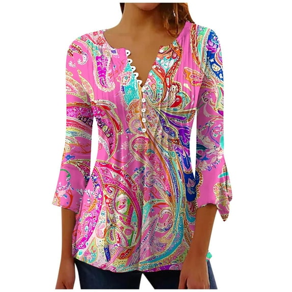 CYMMPU Business Work Blouses to Wear with Leggings Dressy Tunic Tops Casual V-Neck Elegant Blouse Floral Printed 3/4 Length Sleeve Shirts Summer Fall 2025 Clothes for Women Hot Pink XL