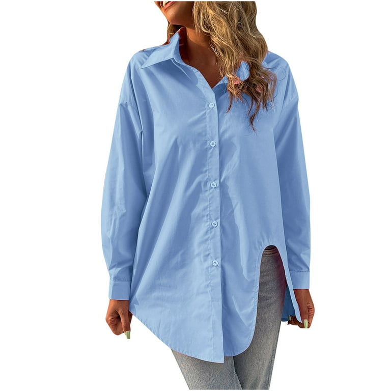 CYMMPU Button Down Collared Fall Sweatshirt Plus Size Tops Spring Clothes  for Women 2023 Solid Shirts Fashion Long Sleeve Trendy Pullover Blue S 
