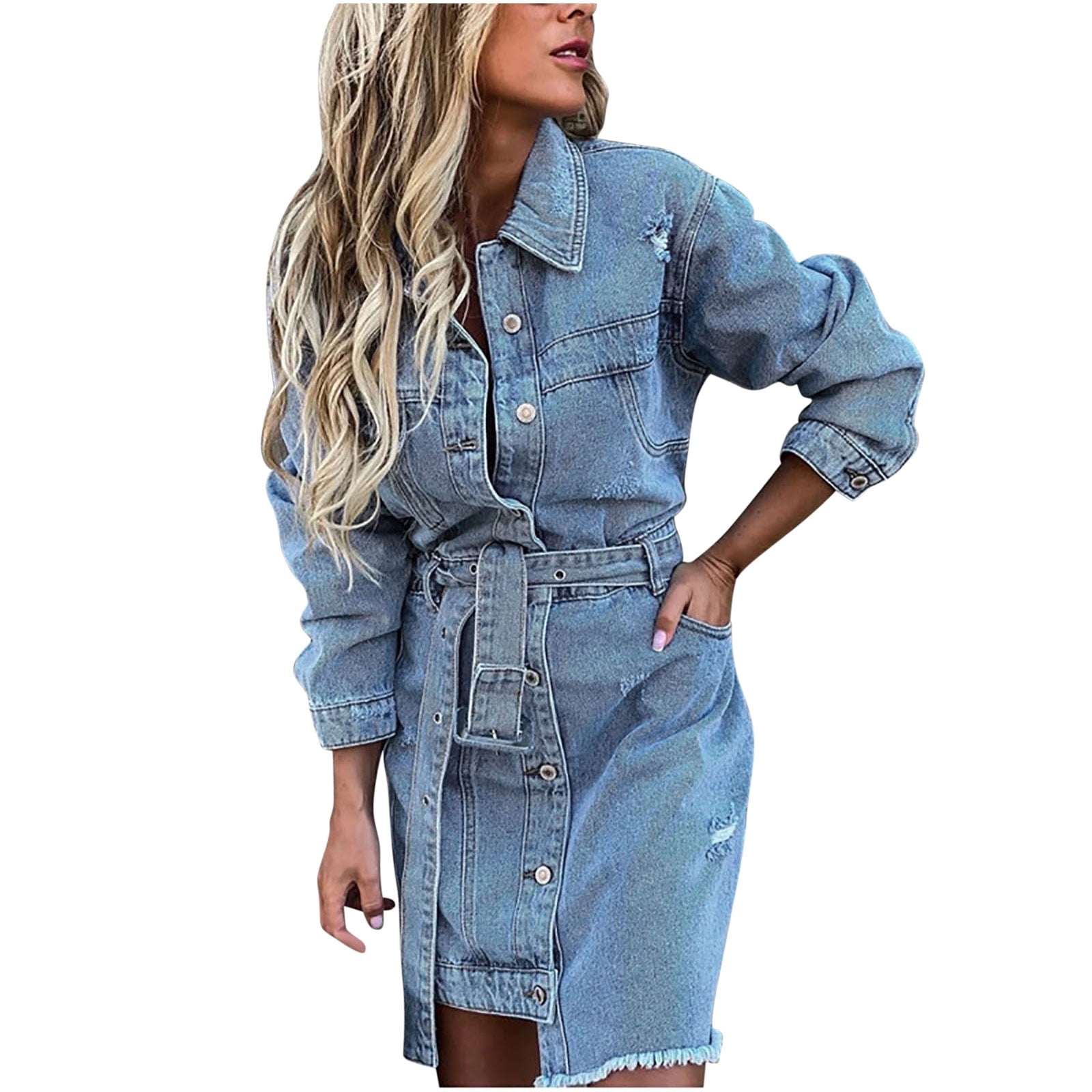 Women's Fashion Comfy Loose Dress Solid Color Shirt V Collar Casual Dress  Slit Irregular H Denim Dresses with Button at Amazon Women's Clothing store
