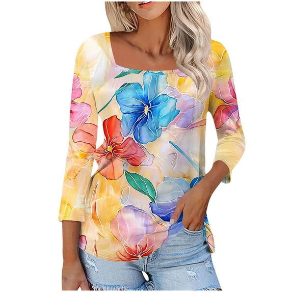 CYMMPU Casual Floral Printed 3/4 Length Sleeve Dressy Tunic Tops Shirts Basic Tees Summer Fall Square Neck Business Work Blouses 2025 Clothes for Women Orange M