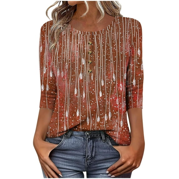 CYMMPU Casual Floral Printed 3/4 Length Sleeve Shirts Dressy Tunic Tops Button up Scoop Neck Business Work Blouses Basic Tees Summer Fall 2025 Clothes for Women Brown XL