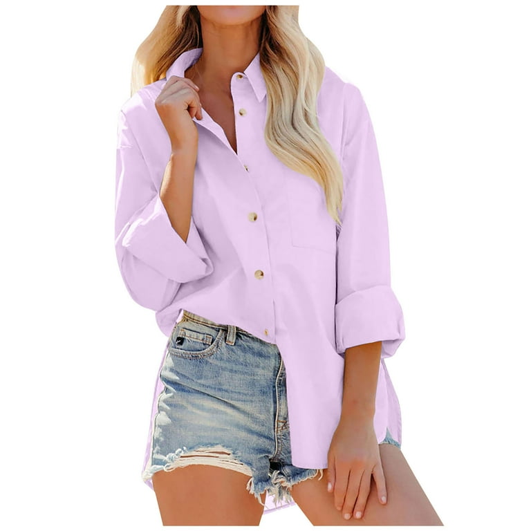 CYMMPU Casual High Low Hem Button Down Tops for Women Summer Spring Collared Long Sleeve Solid Color Tunic Blouse Shirts Blue