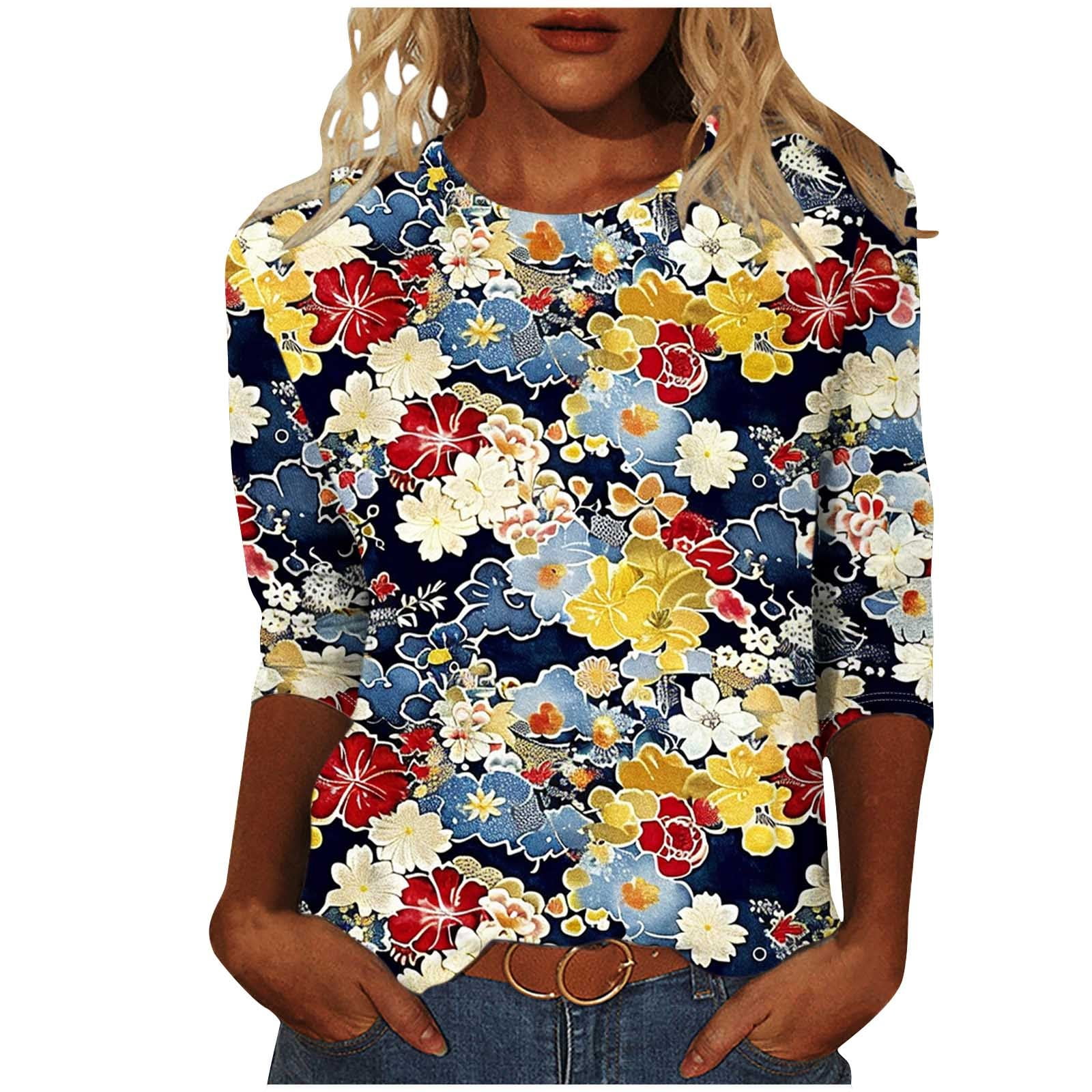 Floral Print 3/4 Sleeve Crew Neck Top