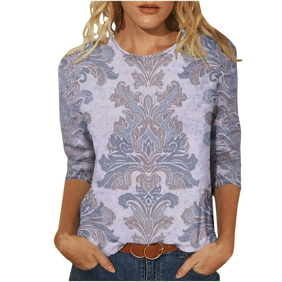 CYMMPU Crewneck Floral Printed 3/4 Length Sleeve Basic Tees Plus Size Tunic Tops Business Work Blouses Vintage Summer Fall Shirts 2025 Clothes for Women Purple XL