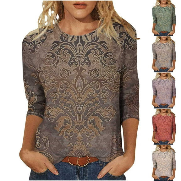 CYMMPU Crewneck Floral Printed 3/4 Length Sleeve Basic Tees Vintage Fashion Tunic Tops Summer Fall Shirts Business Work Blouses 2025 Clothes for Women Black XXXXL