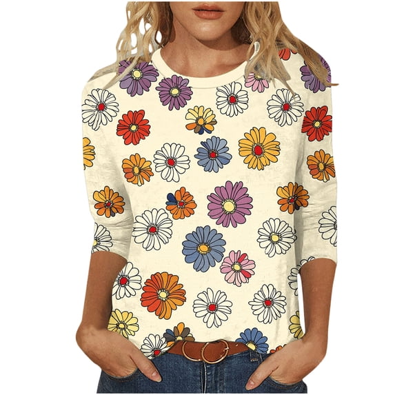 CYMMPU Crewneck Floral Printed 3/4 Length Sleeve Summer Fall Shirts Basic Tees Business Work Blouses Vintage Plus Size Tunic Tops 2025 Clothes for Women Yellow XXXXL