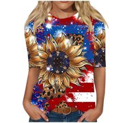 CYMMPU Crewneck Graphic Tees Vintage Womens Tops 3/4 Sleeve Patriotic American Flag Print Star Striped Fashion Summer Clothes For Teen Girls T Shirts For Independence Day Red XXXLBlouse