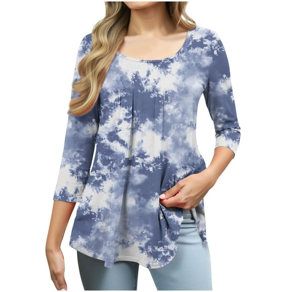 CYMMPU Elegant Blouse Dressy Tunic Tops Floral Printed 3/4 Length Sleeve Business Work Blouses to Wear with Leggings Summer Fall Casual Crewneck Shirts 2025 Clothes for Women Navy L
