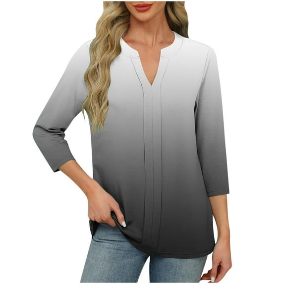 CYMMPU Elegant Blouse Dressy Tunic Tops Shirts Gradient Color 3/4 Length Sleeve Business Work Blouses to Wear with Leggings Summer Fall Casual V-Neck 2025 Clothes for Women Black XXL