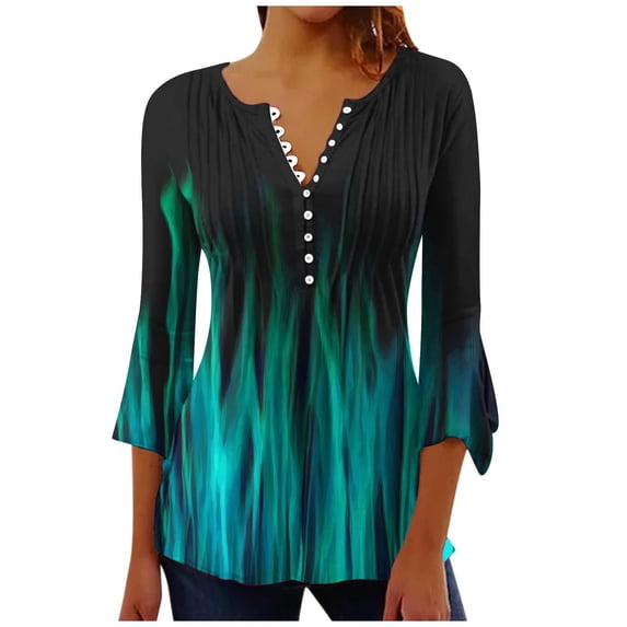 CYMMPU Elegant Blouse Fashion Tunic Tops Ombre 3/4 Length Sleeve Business Work Blouses to Wear with Leggings V-Neck Summer Fall Vintage Shirts 2025 Clothes for Women Green L