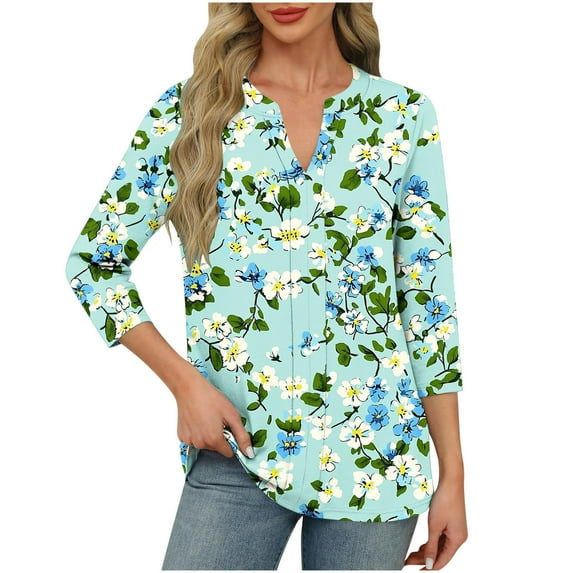 CYMMPU Elegant Blouse Plus Size Tunic Tops Shirts Vintage Floral Printed 3/4 Length Sleeve Business Work Blouses to Wear with Leggings Summer Fall V-Neck 2025 Clothes for Women Green L