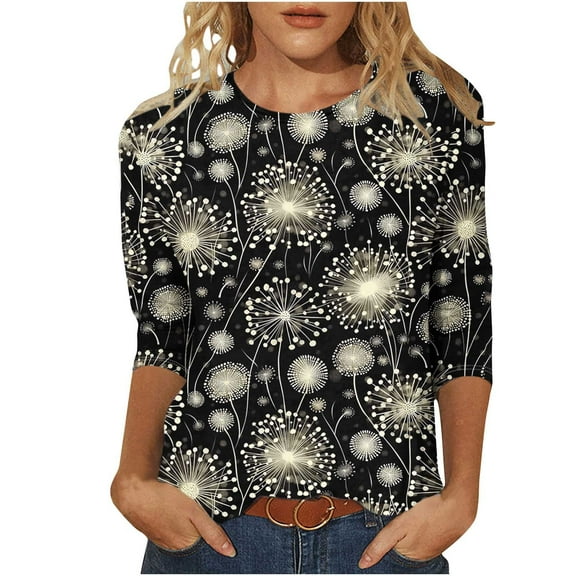 CYMMPU Fall Fashion Shirts 3/4 Sleeve Blouses for Women Dressy Casual Crew Neck Floral Pattern Spring Tops Loose Fit Tunic Tops Lightweight Basic T-Shirts Multicolor XXL