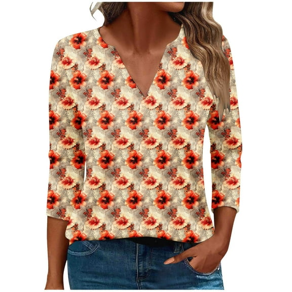 CYMMPU Fall Fashion Shirts 3/4 Sleeve Blouses for Women Dressy Casual Spring Tops Loose Fit Tunic Tops Flower Printed V Neck Business Elegant Work Topss Multicolor M