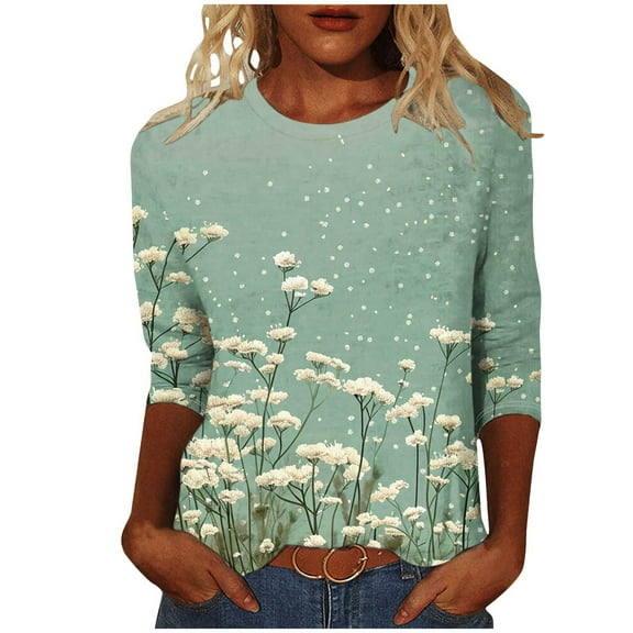 CYMMPU Fall Fashion Shirts 3/4 Sleeve Blouses for Women Dressy Casual Spring Tunic Tops Floral Printed Loose Fit Crew Neck Lightweight Basic T-Shirts Multicolor XXL