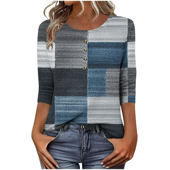 CYMMPU Fall Fashion Shirts 3/4 Sleeve Button up Crew Neck Spring Tops Blouses for Women Dressy Casual Loose Fit Flower Pattern Tunic Tops Business Elegant Work Topss Navy M