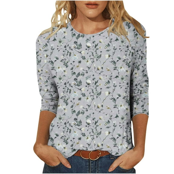 CYMMPU Fall Fashion Shirts 3/4 Sleeve Crew Neck Blouses for Women Dressy Casual Floral Printed Tunic Tops Loose Fit Spring Tops Lightweight Basic T-Shirts Multicolor XXXXL