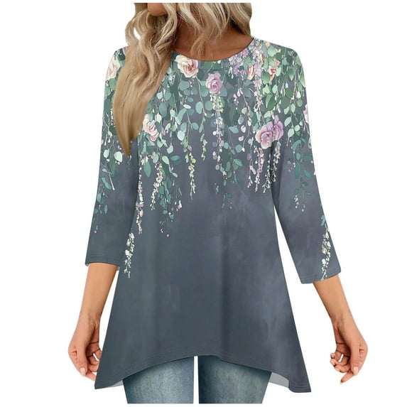 CYMMPU Fall Fashion Shirts 3/4 Sleeve Floral Printed Loose Fit Spring Tops Crew Neck Tunic Tops Boho Blouses for Women Dressy Casual Flare Hem Hide Belly Tops to Wear with Leggings T-Shirts Gray XXL