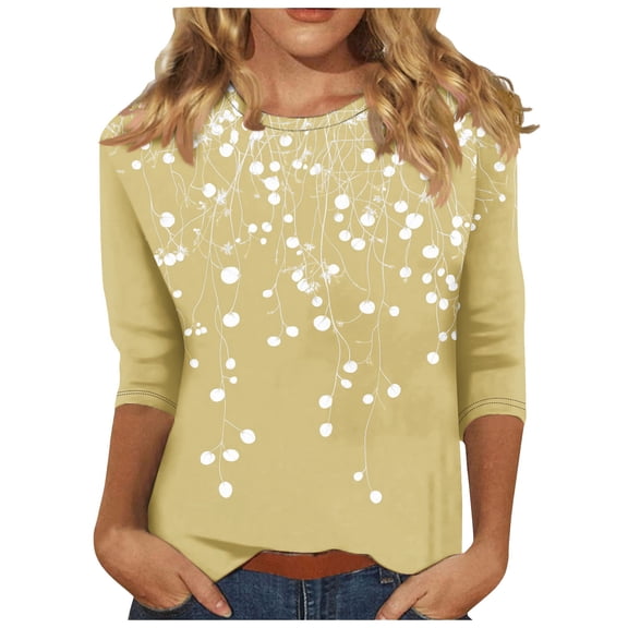 CYMMPU Fall Fashion Shirts 3/4 Sleeve Flower Pattern Spring Tops Blouses for Women Dressy Casual Loose Fit Tunic Tops Crew Neck Lightweight Basic T-Shirts Yellow M