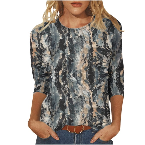 CYMMPU Fall Fashion Shirts 3/4 Sleeve Flower Printed Blouses for Women Dressy Casual Tunic Tops Crew Neck Loose Fit Spring Tops Lightweight Basic T-Shirts Multicolor XXL