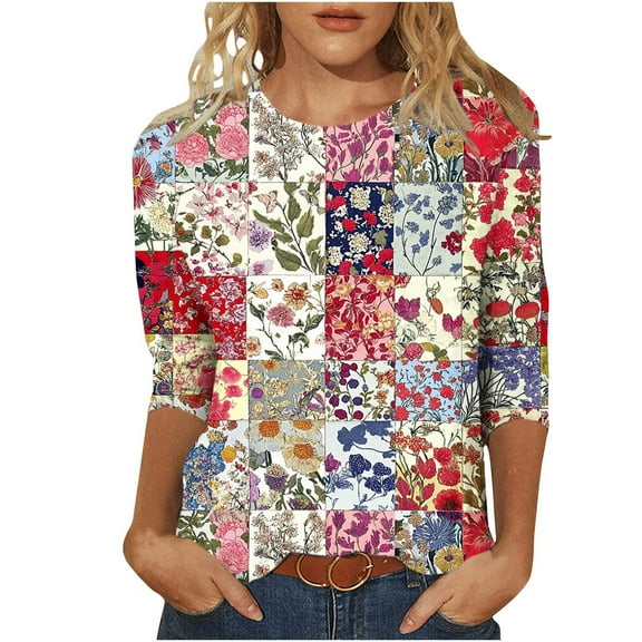 CYMMPU Fall Fashion Shirts 3/4 Sleeve Loose Fit Floral Printed Spring Tops Crew Neck Blouses for Women Dressy Casual Lightweight Basic T-Shirts Multicolor M