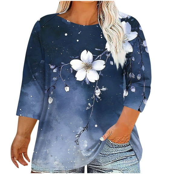 CYMMPU Fall Fashion Shirts 3/4 Sleeve Round Neck Floral Pattern Blouses for Women Dressy Casual Spring Tops Loose Fit T-Shirts Plus Size Blouse XXL
