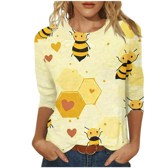 CYMMPU Fall Fashion Shirts 3/4 Sleeve Spring Tops Blouses for Women Dressy Casual Floral Pattern Round Neck Loose Fit Tunic Tops Lightweight Basic T-Shirts S