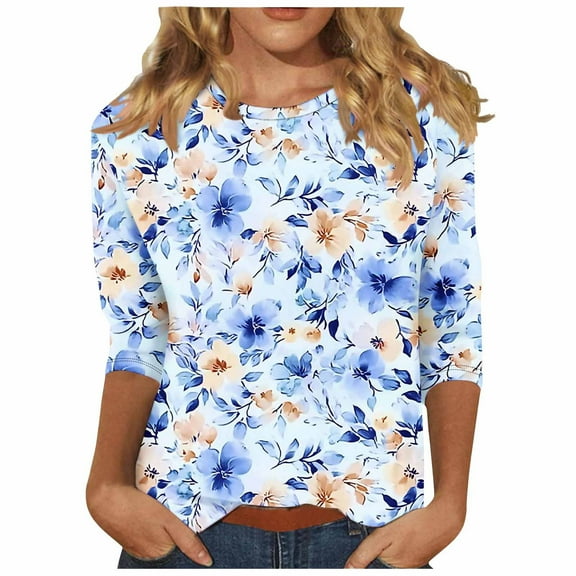 CYMMPU Fall Fashion Shirts 3/4 Sleeve Spring Tops Blouses for Women Dressy Casual Flower Printed Round Neck Loose Fit Tunic Tops Lightweight Basic T-Shirts Multicolor XXXXL