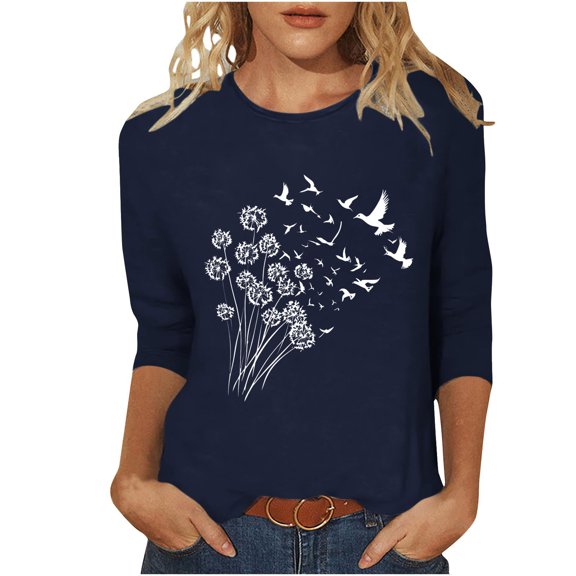 CYMMPU Fall Fashion Shirts 3/4 Sleeve Spring Tops Flower Pattern Tunic Tops Boho Blouses for Women Dressy Casual Loose Fit Round Neck Lightweight Basic T-Shirts Navy M