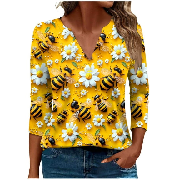 CYMMPU Fall Fashion Shirts 3/4 Sleeve Spring Tops V Neck Bee Printed Loose Fit Blouses for Women Dressy Casual Business Elegant Work Topss XXXL