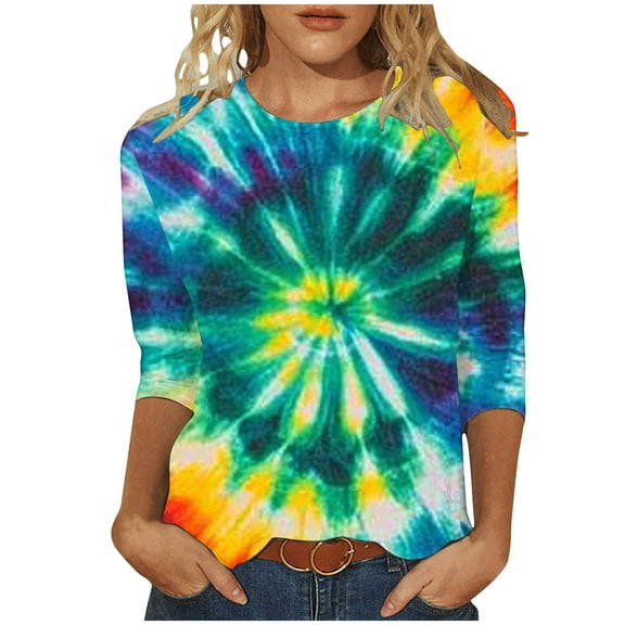 CYMMPU Fall Fashion Shirts 3/4 Sleeve Tie Dye Loose Fit Tunic Tops Crew Neck Spring Tops Blouses for Women Dressy Casual Ombre T-Shirts S