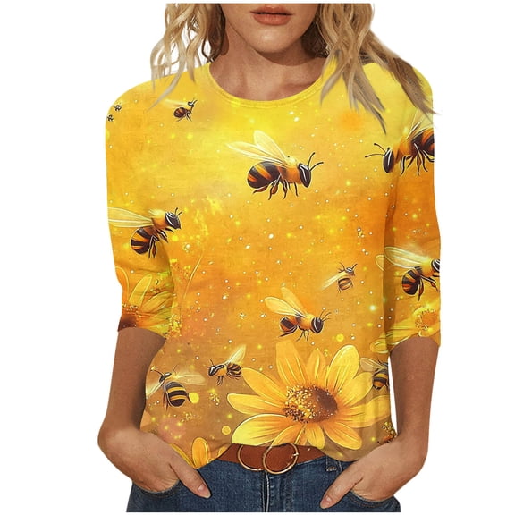 CYMMPU Fall Fashion Shirts 3/4 Sleeve Tunic Tops Boho Blouses for Women Dressy Casual Loose Fit Spring Tops Flower Pattern Crew Neck Lightweight Basic T-Shirts Yellow XXXXL