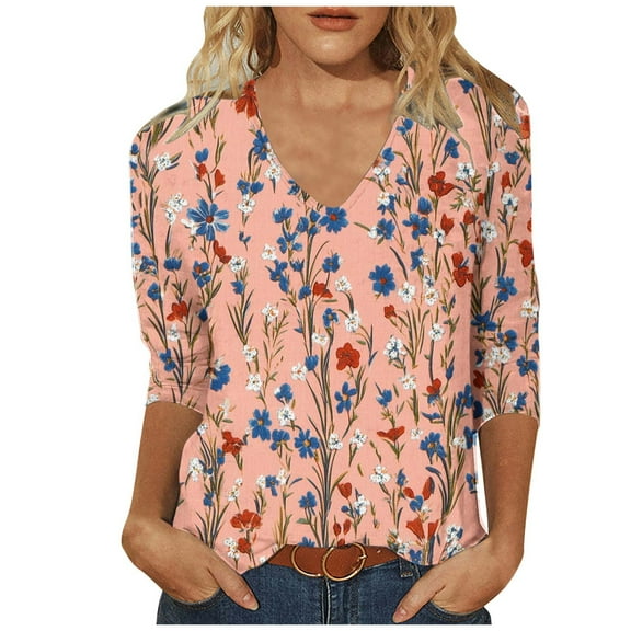CYMMPU Fall Fashion Shirts 3/4 Sleeve Tunic Tops Flower Printed V Neck Spring Tops Loose Fit Blouses for Women Dressy Casual Business Elegant Work Topss M