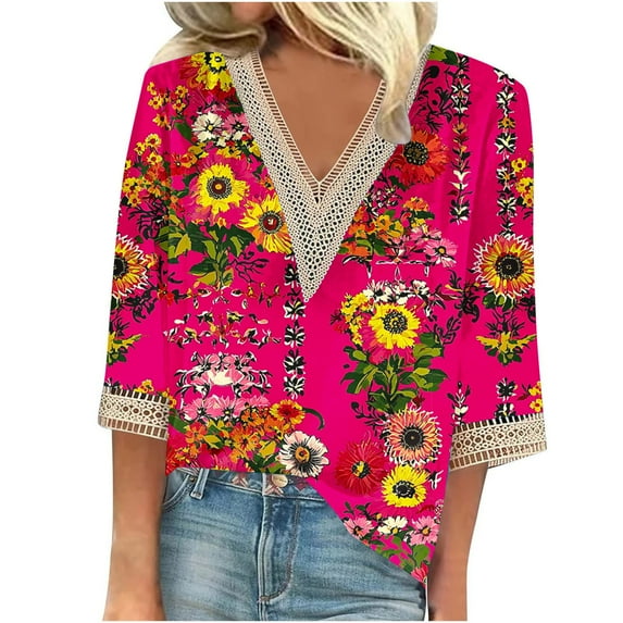 CYMMPU Fall Fashion Shirts 3/4 Sleeve Tunic Tops Lace V Neck Blouses for Women Dressy Casual Floral Pattern Loose Fit Spring Tops Business Elegant Work Topss Hot Pink XXL