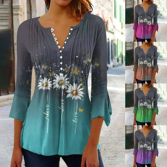 CYMMPU Fall Fashion Shirts 3/4 Sleeve Tunic Tops Loose Fit Button V Neck Flare Sleeve Spring Tops Floral Pattern Blouses for Women Dressy Casual Empire Waist A Line T-Shirts M
