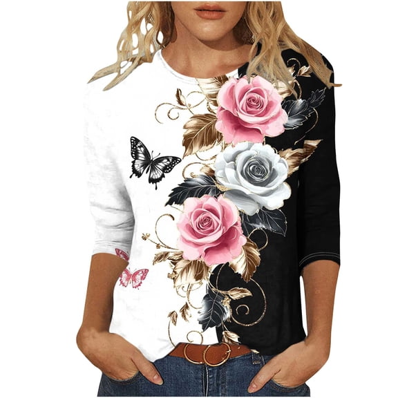 CYMMPU Fall Fashion Shirts 3/4 Sleeve Tunic Tops Loose Fit Flower Printed Blouses for Women Dressy Casual Spring Tops Round Neck Lightweight Basic T-Shirts Multicolor XXL