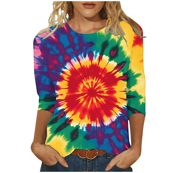 CYMMPU Fall Fashion Shirts 3/4 Sleeve Tunic Tops Tie Dye Blouses for Women Dressy Casual Loose Fit Spring Tops Crew Neck Ombre T-Shirts Multicolor XXXXL