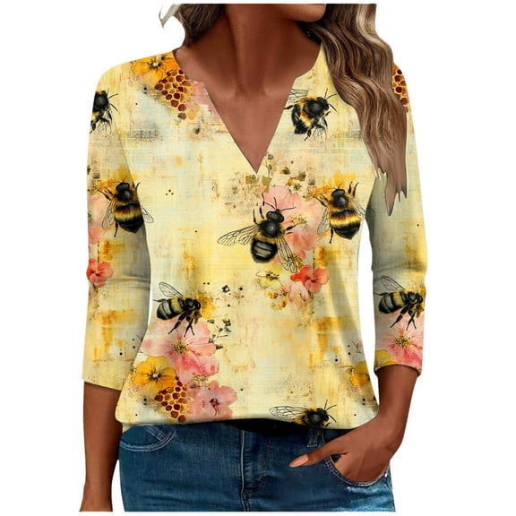 CYMMPU Fall Fashion Shirts 3/4 Sleeve V Neck Tunic Tops Spring Tops Bee Printed Loose Fit Blouses for Women Dressy Casual Business Elegant Work Topss Multicolor XL