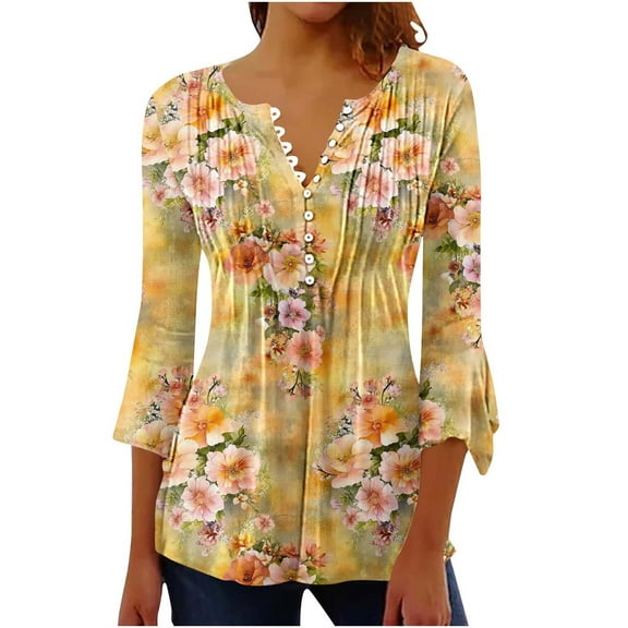CYMMPU Fall Trendy Shirts 3/4 Sleeve Blouses for Women Dressy Casual Loose Fit T-Shirts Button V Neck Flare Sleeve Spring Tops Flower Printed Empire Waist A Line T-Shirts Multicolor S