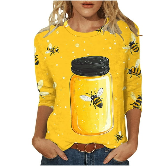 CYMMPU Fall Trendy Shirts 3/4 Sleeve Crew Neck Blouses for Women Dressy Casual Spring Tops Loose Fit Bee Graphic Tunic Tops Cute Animals T-Shirts S