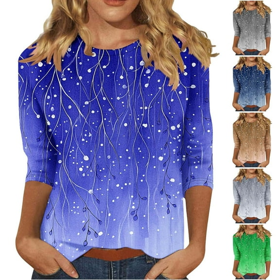 CYMMPU Fall Trendy Shirts 3/4 Sleeve Floral Printed Spring Tops Round Neck Blouses for Women Dressy Casual Loose Fit Tunic Tops Lightweight Basic Tees Coffee XXXXL