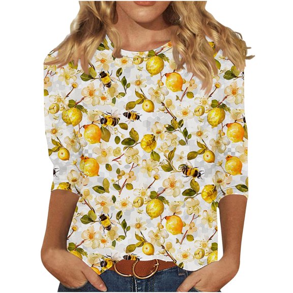 CYMMPU Fall Trendy Shirts 3/4 Sleeve Loose Fit Crew Neck Bee Pattern Blouses for Women Dressy Casual Spring Tunic Tops Lightweight Basic Tees Multicolor XXXXXL
