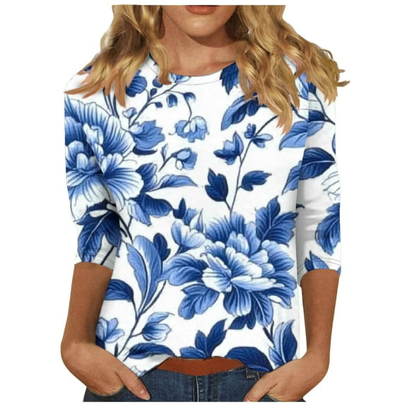 CYMMPU Fall Trendy Shirts 3/4 Sleeve Loose Fit Floral Pattern Tunic Tops Spring Tops Round Neck Blouses for Women Dressy Casual Lightweight Basic Tees Multicolor XXL
