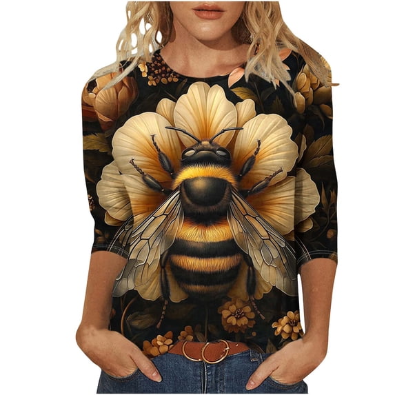 CYMMPU Fall Trendy Shirts 3/4 Sleeve Loose Fit Spring Tops Bee Graphic Blouses for Women Dressy Casual T-Shirts Round Neck Lightweight Basic Tees Multicolor XL