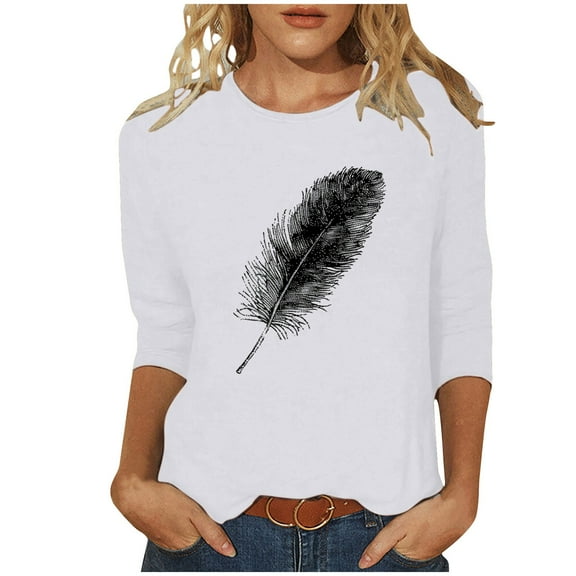 CYMMPU Fall Trendy Shirts 3/4 Sleeve Loose Fit Spring Tops Blouses for Women Dressy Casual Crew Neck Flower Printed Tunic Tops Lightweight Basic Tees White L